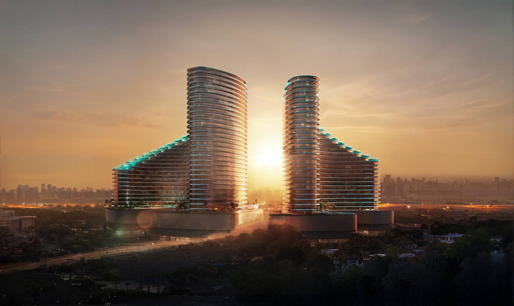 Binghatti Skyflame twin towers at sunset, Majan, Dubai
