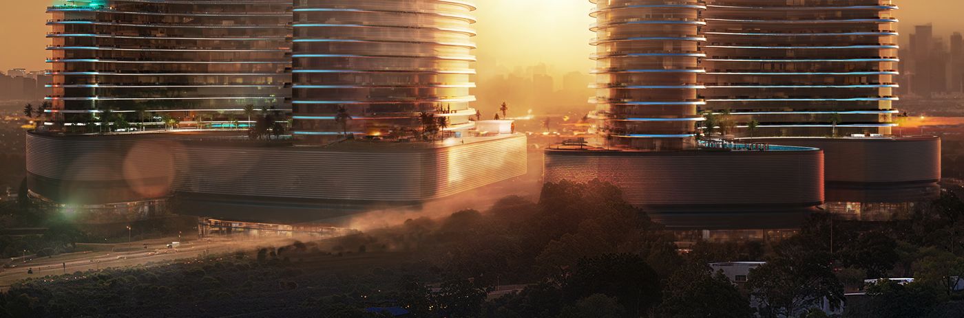 Skyflame podium and pool deck at dusk